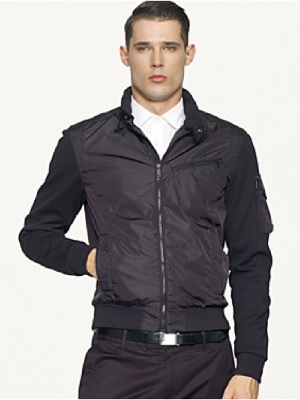 Ralph Lauren black label mixed media bomber jacket medium motorcycle moto hood